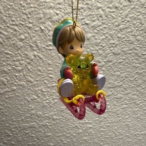 Precious Moments Christmas Ornament Girl Sledding Teddy Bear Pink Sled